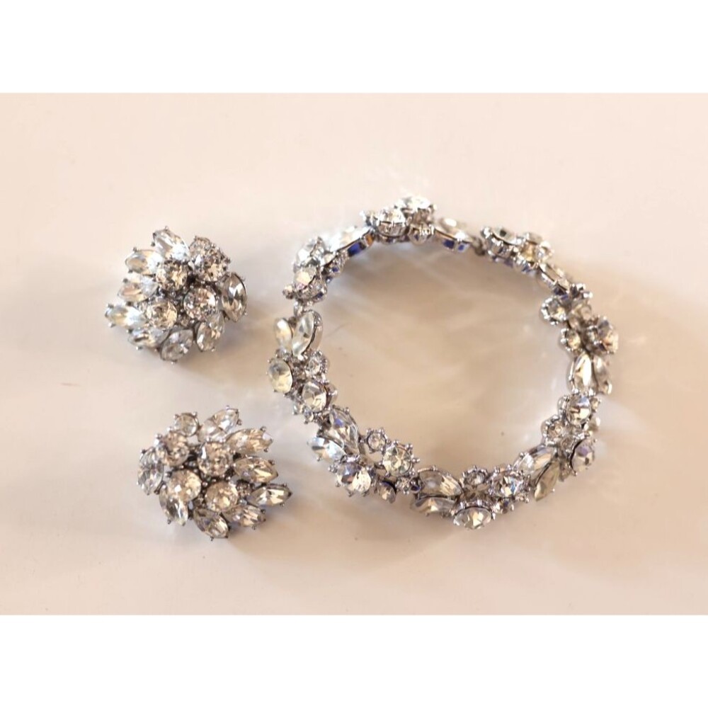 Vintage Trifari Bracelet Earrings Set Clear Rhinestone Set Silver Tone Art Deco